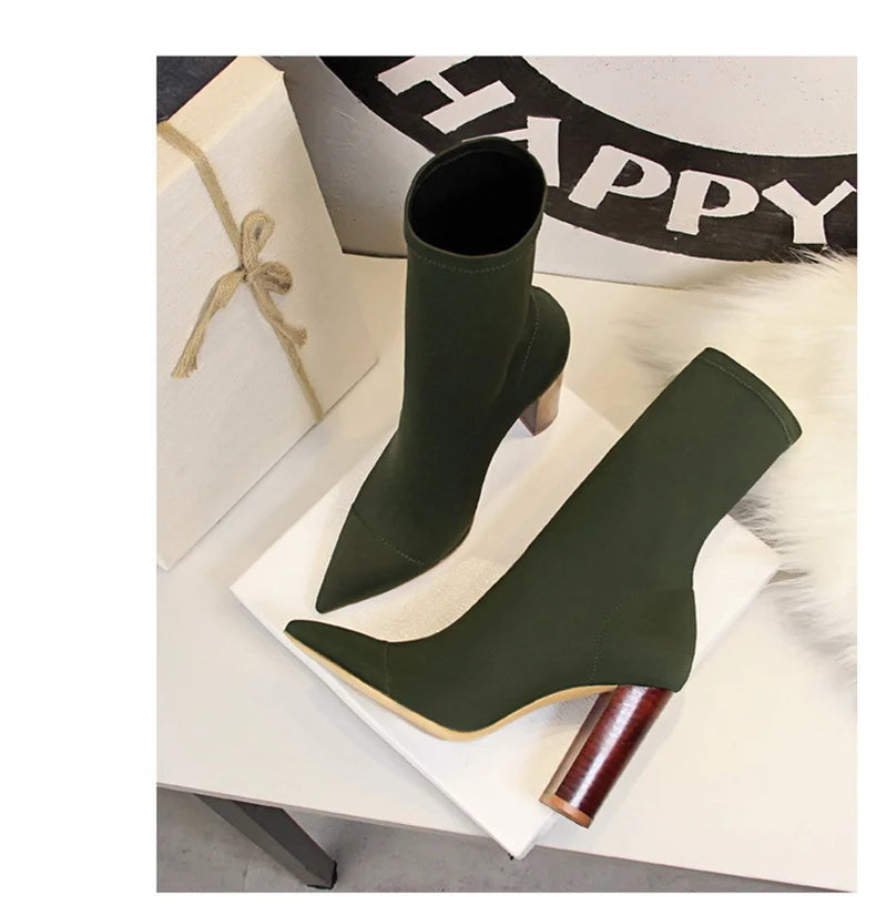 Socks Boots Black Pointed Toe Elastic Heels Autumn Winter Slimming Ankle Boots