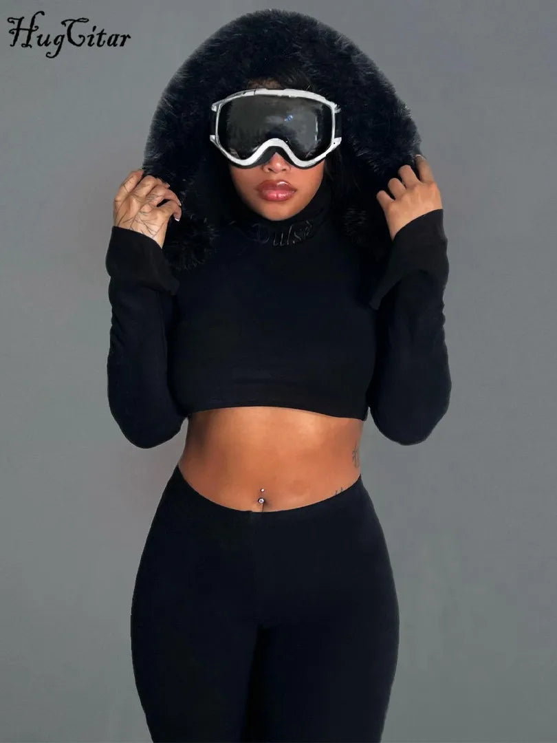 Furry Hooded Crop Top and Pants 2-Piece Winter Set