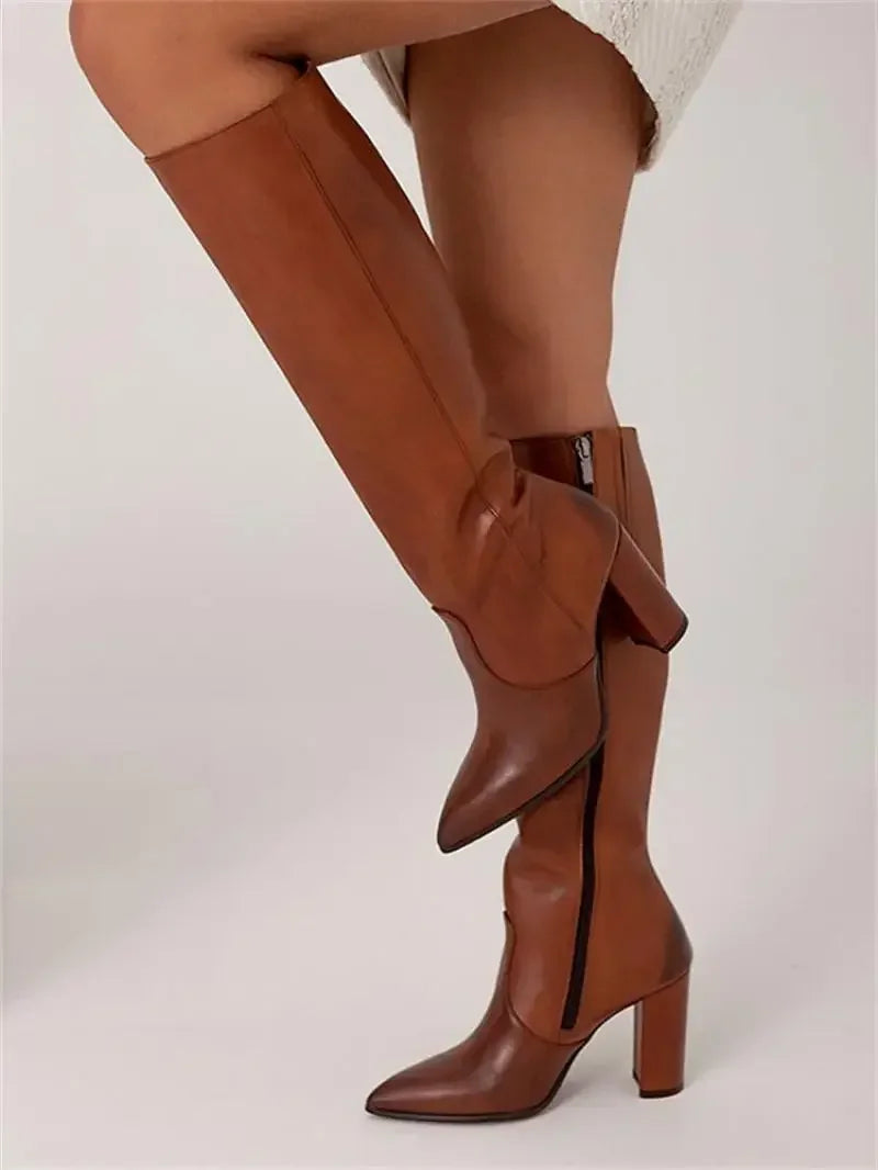 Knee-High Pointed Toe Boots – Winter Fashion Heeled Cowgirl Tall Boots