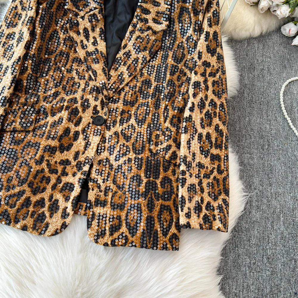 Street Style Leopard Print Blazer Women's Loose Sequined Coat - Nxt Moda