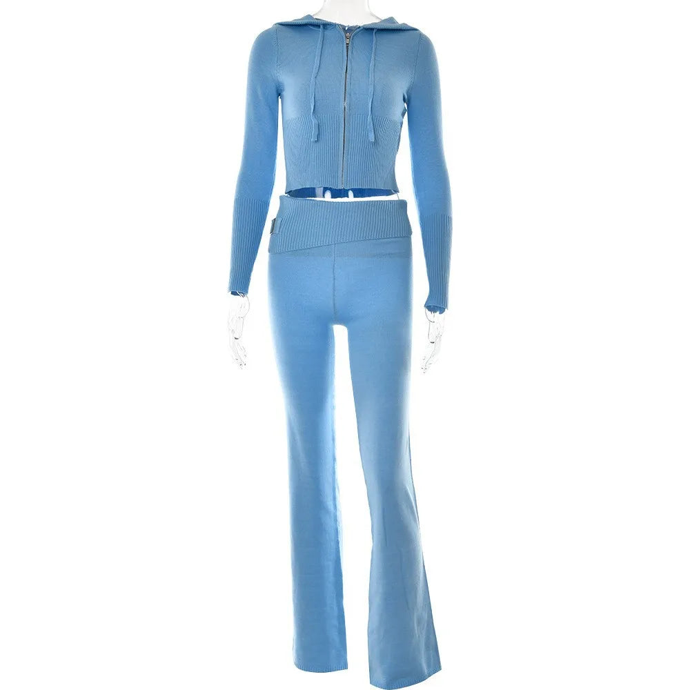 Knitted Hooded Crop Top and Flare Pants 2-Piece Tracksuit