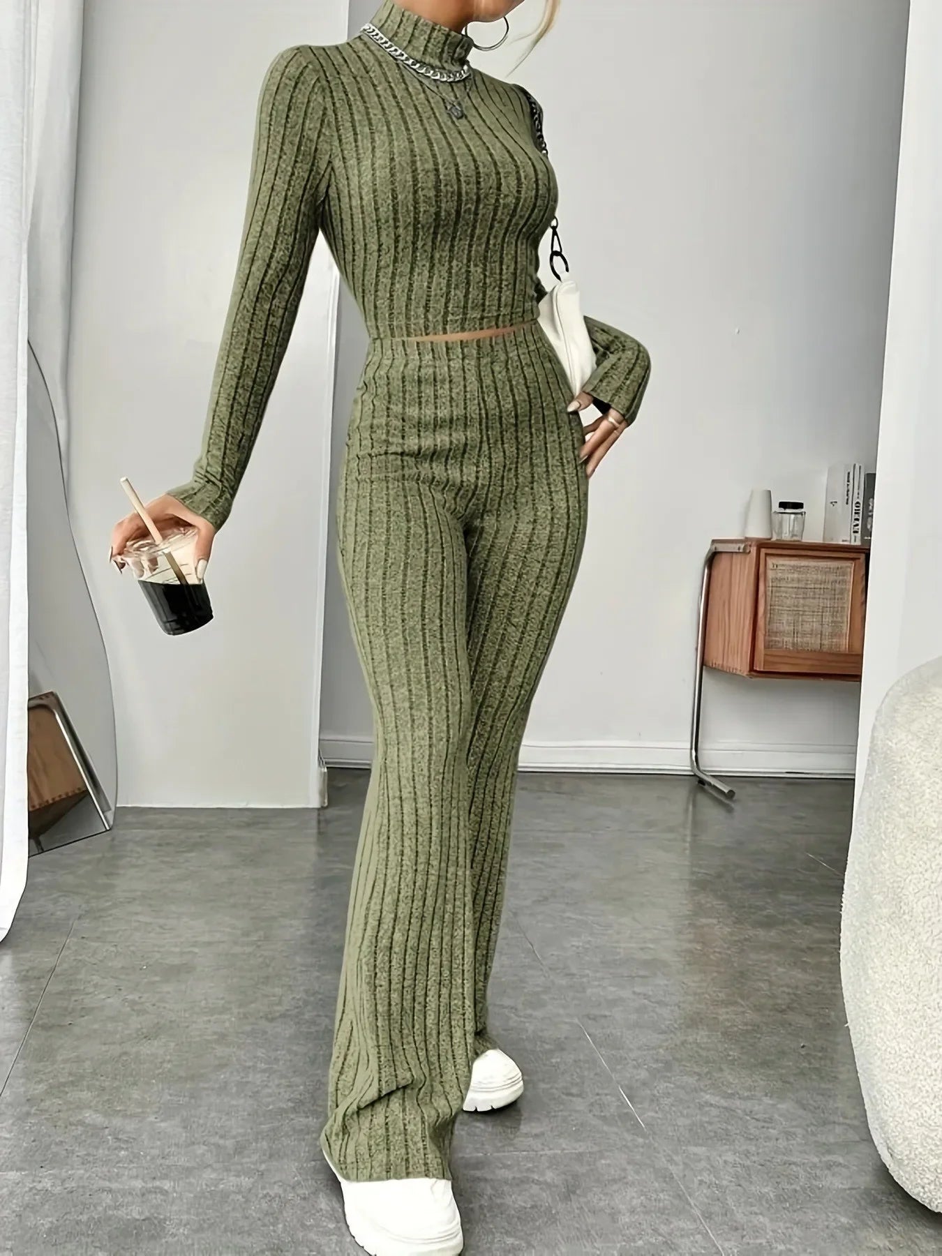 Turtleneck Pullover and High Waist Knit Pants 2-Piece Set