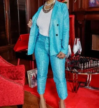 Luxury Glitter Blazer and Pant Suit Sparkly Pink Party Outfit