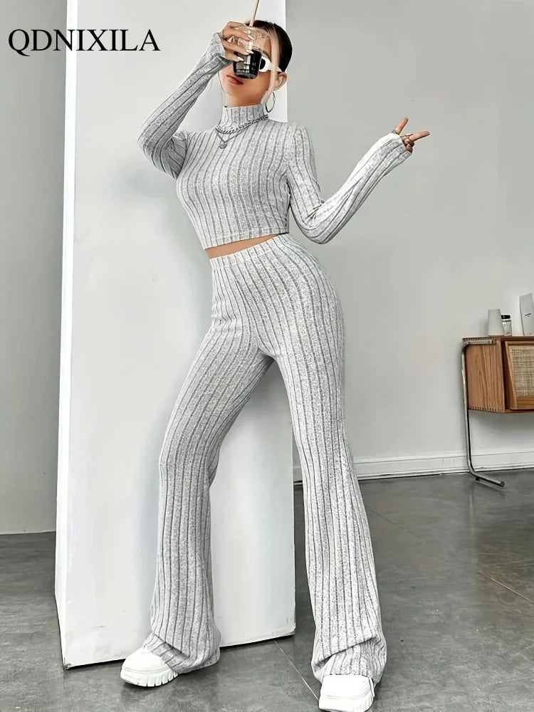 Turtleneck Pullover and High Waist Knit Pants 2-Piece Set