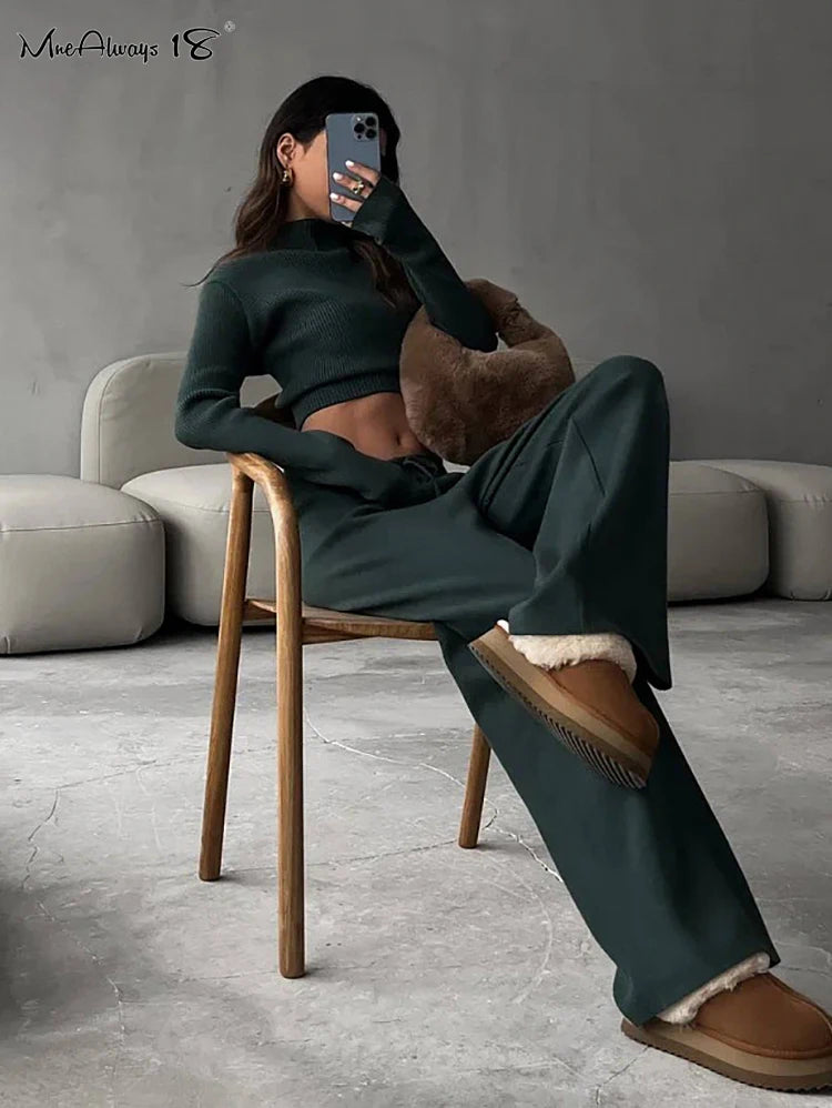 Ribbed Knitted Sweater and Slim Pants 2-Piece Winter Outfit