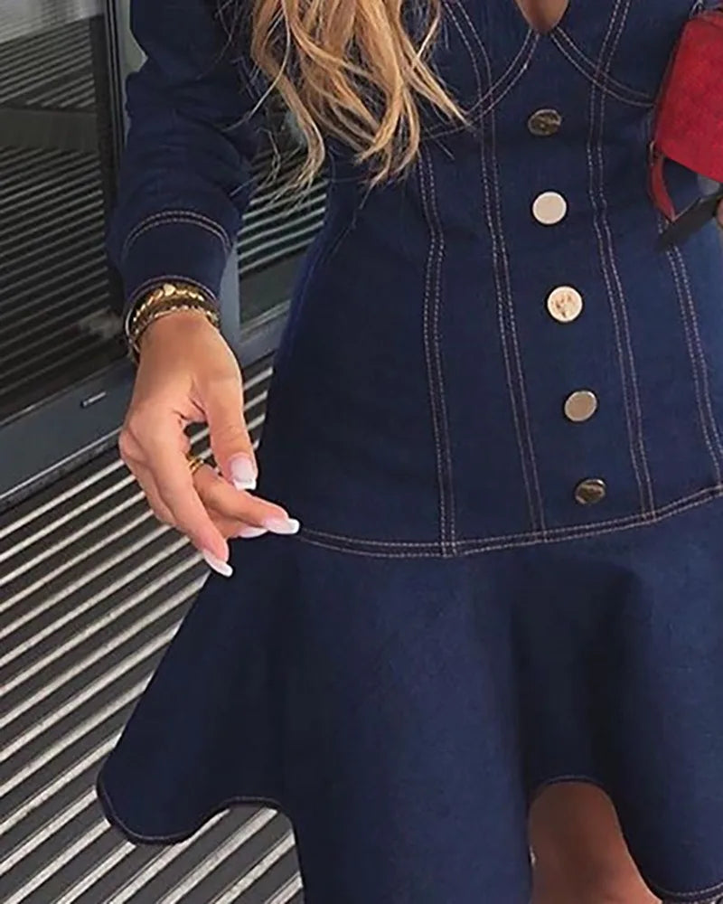 Women's Denim Mini Ruffle Dress - Nxt Moda