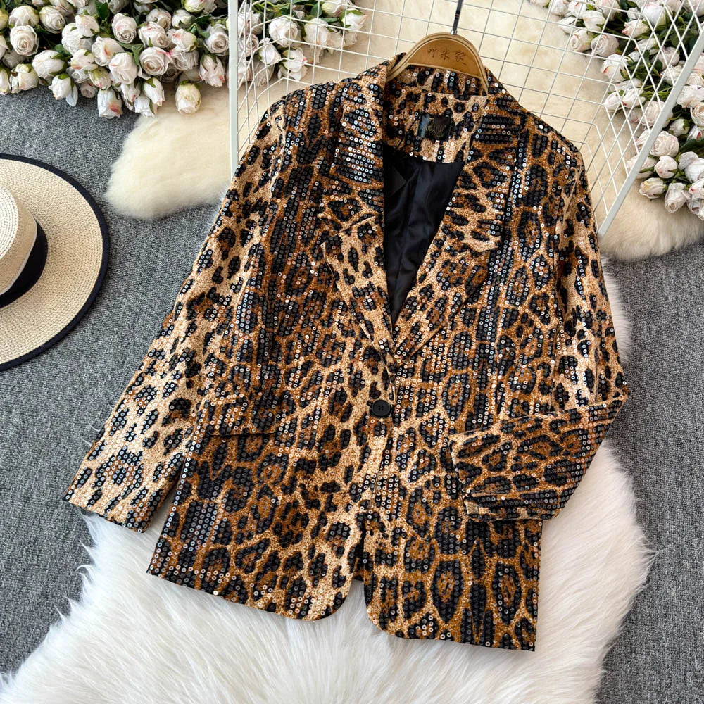 Street Style Leopard Print Blazer Women's Loose Sequined Coat - Nxt Moda