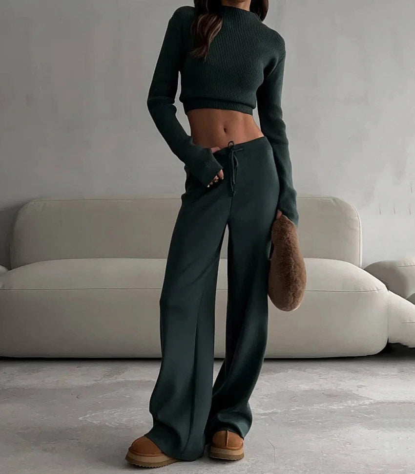 Ribbed Knitted Sweater and Slim Pants 2-Piece Winter Outfit