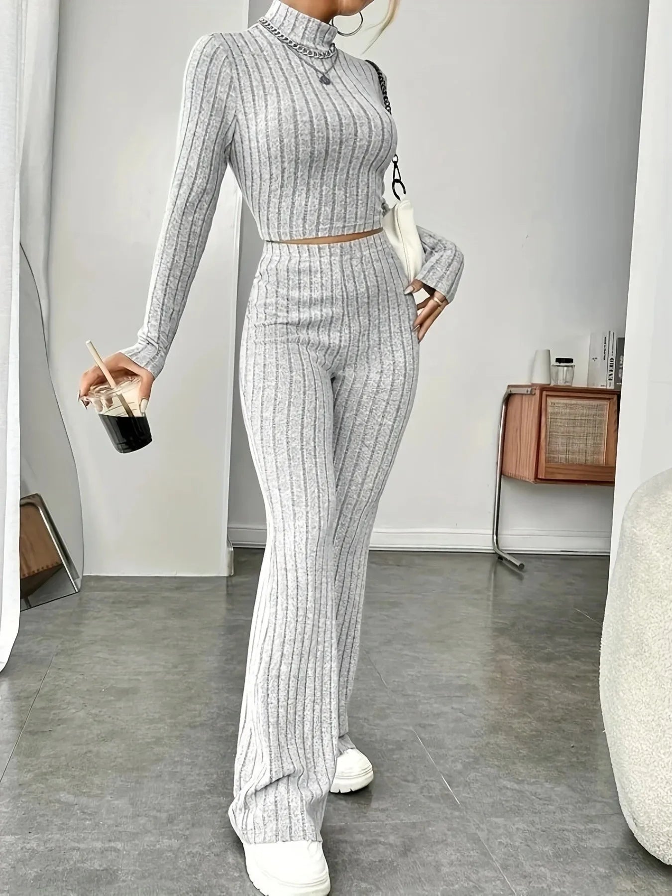 Turtleneck Pullover and High Waist Knit Pants 2-Piece Set