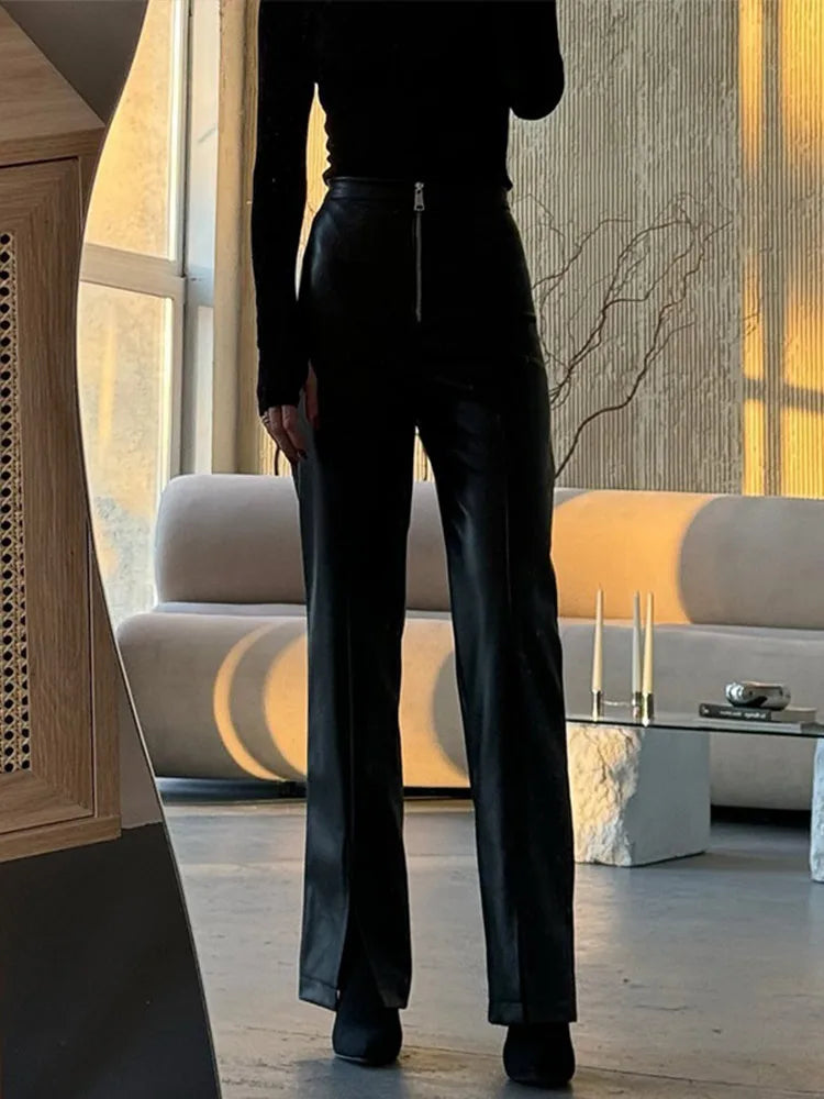 Vintage PU Leather High-Waist Pants – Loose Zipper Straight Trousers