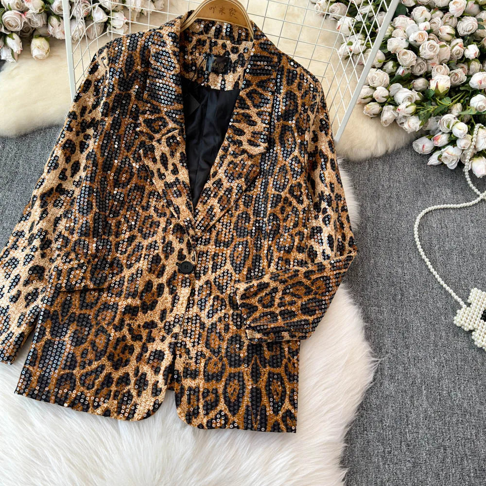 Street Style Leopard Print Blazer Women's Loose Sequined Coat - Nxt Moda