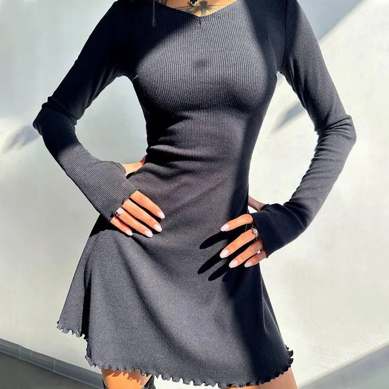 Claire Ribbed Long Sleeve Lace-Up Mini Dress