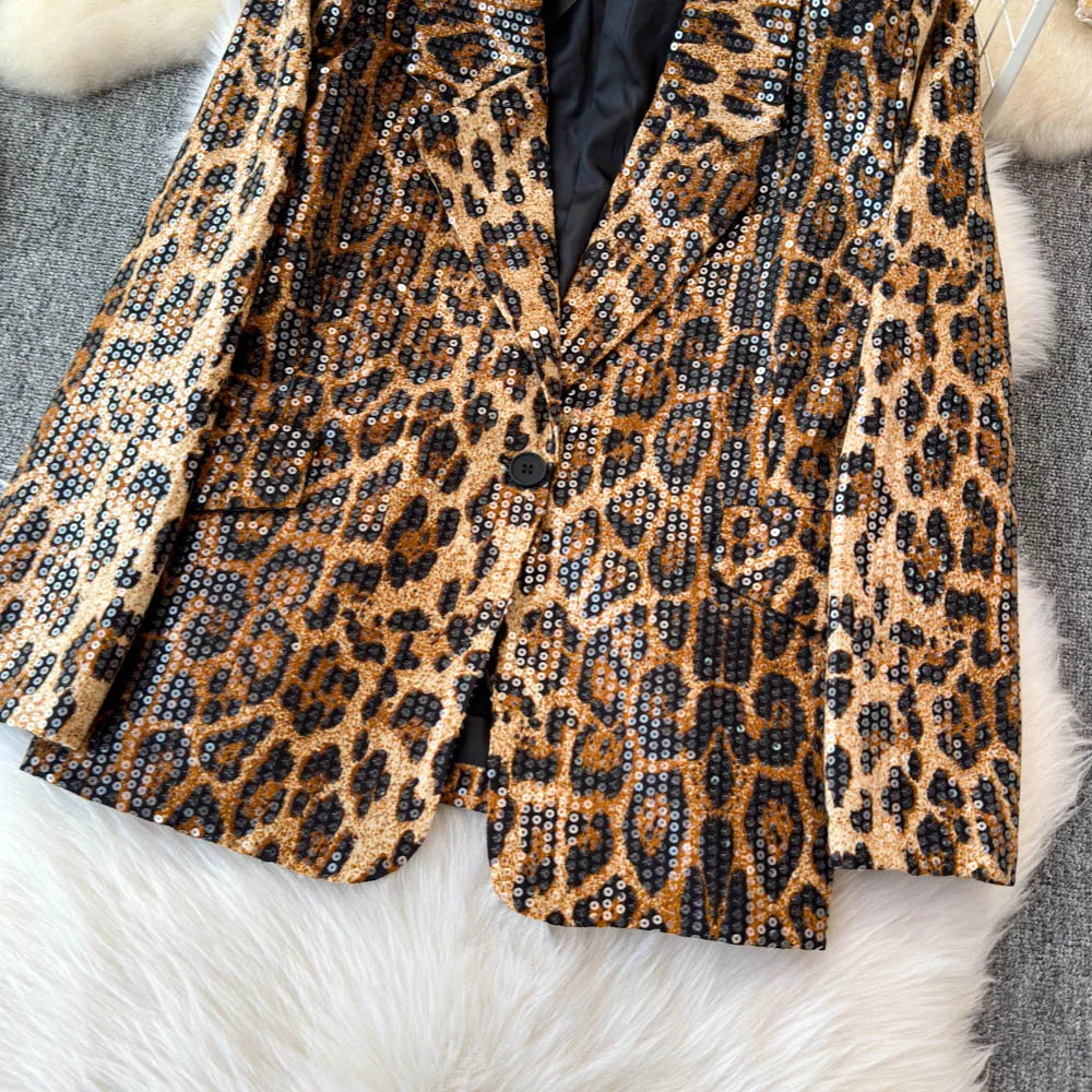 Street Style Leopard Print Blazer Women's Loose Sequined Coat - Nxt Moda