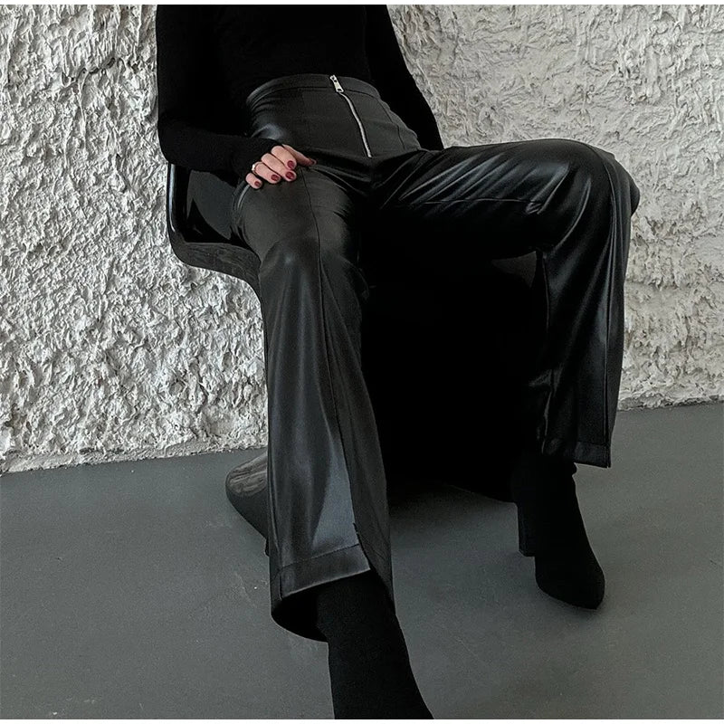 Vintage PU Leather High-Waist Pants – Loose Zipper Straight Trousers - Nxt Moda