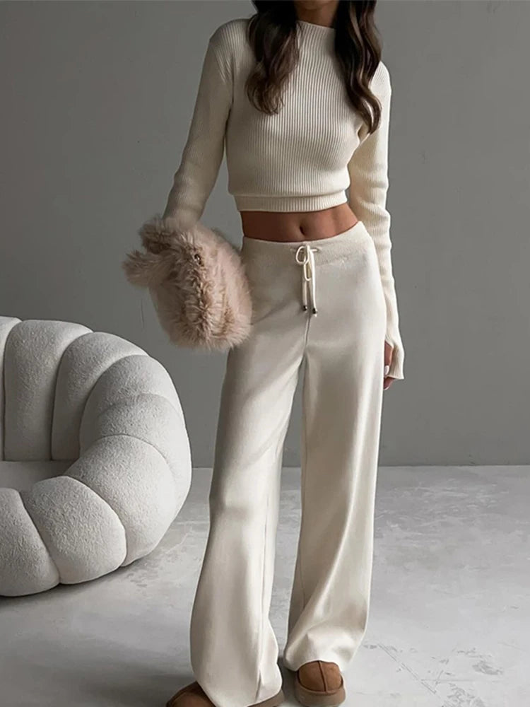 O-Neck Sweater and Wide Leg Pants Knit Set Casual 2-Piece Outfit