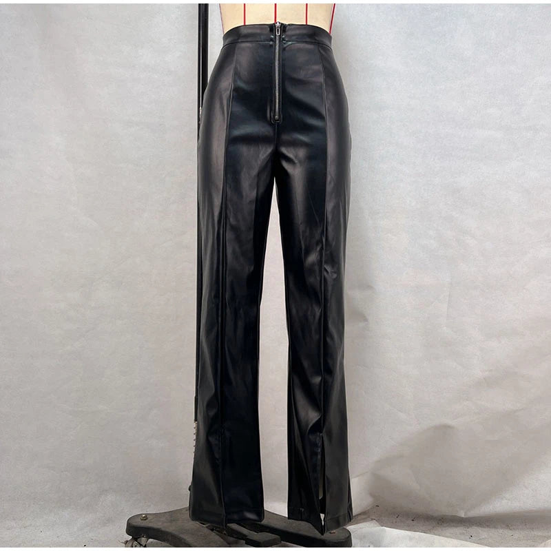 Vintage PU Leather High-Waist Pants – Loose Zipper Straight Trousers