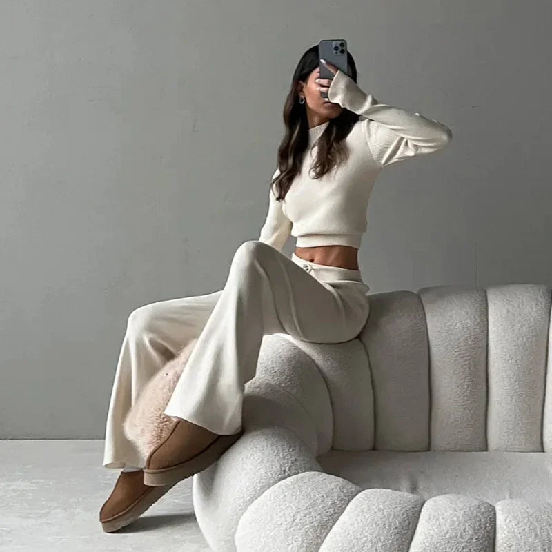 O-Neck Sweater and Wide Leg Pants Knit Set Casual 2-Piece Outfit