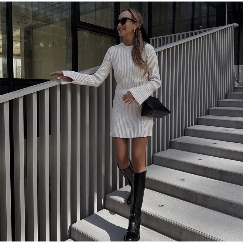 Ribbed Knit A-Line Mini Dress with Flare Sleeves