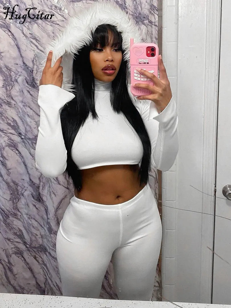 Furry Hooded Crop Top and Pants 2-Piece Winter Set