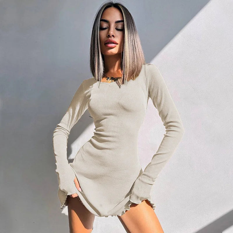 Claire Ribbed Long Sleeve Lace-Up Mini Dress