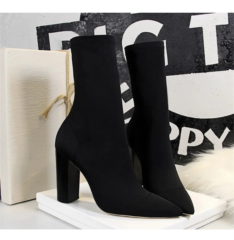Socks Boots Black Pointed Toe Elastic Heels Autumn Winter Slimming Ankle Boots