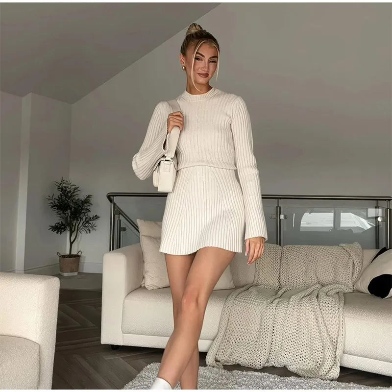 Ribbed Knit A-Line Mini Dress with Flare Sleeves
