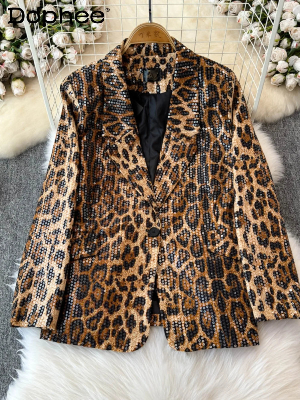 Street Style Leopard Print Blazer Women's Loose Sequined Coat - Nxt Moda