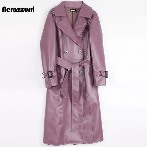 Nerazzurri Purple/Black Long Leather Trench Coat - Nxt Moda