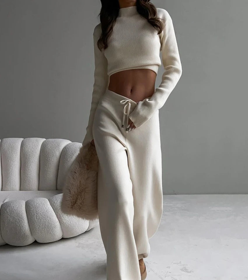 Ribbed Knitted Sweater and Slim Pants 2-Piece Winter Outfit