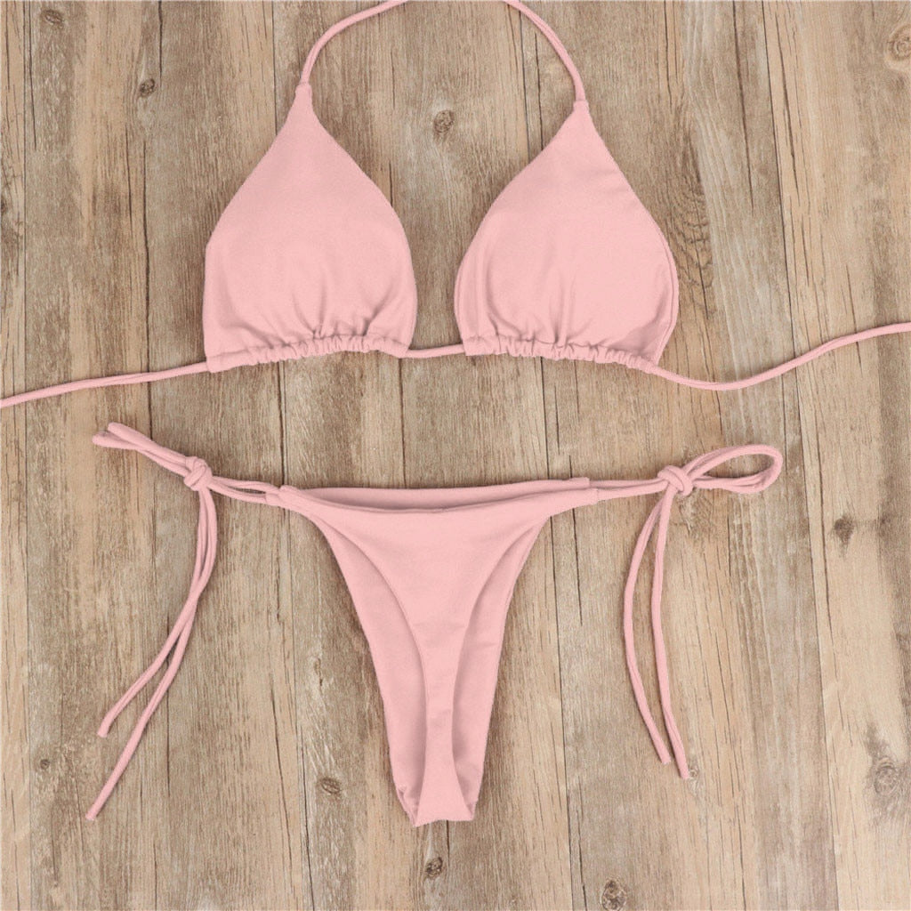Solid Color Low Waist Micro Thong Bikini Set - Nxt Moda
