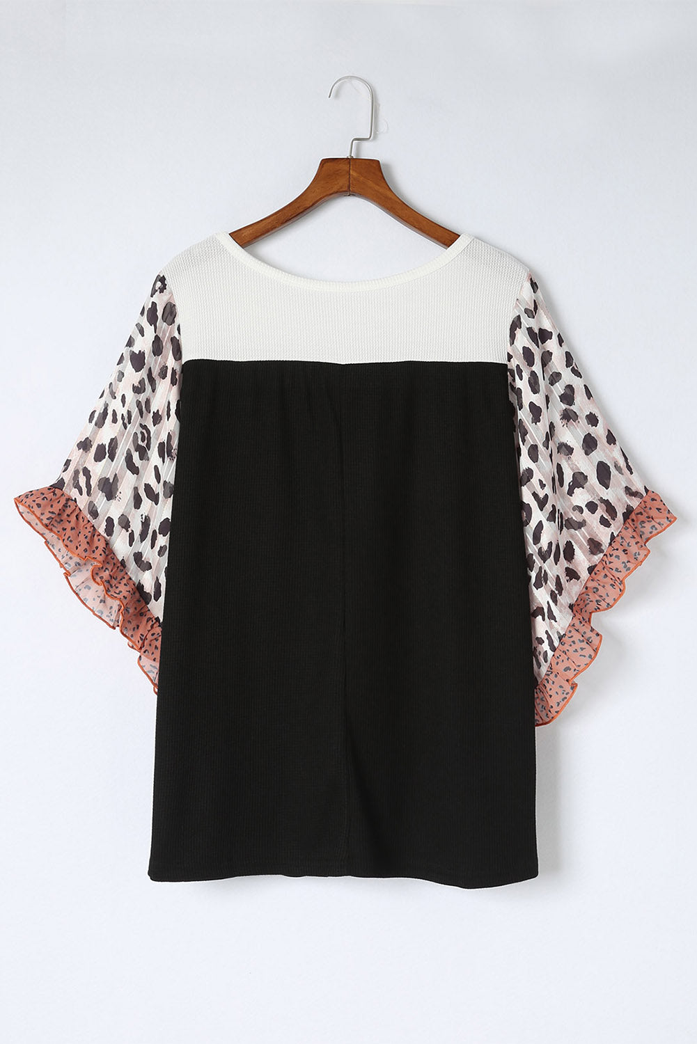 Black Rib Knit Animal Print Ruffle Sleeves Plus Size Top - Nxt Moda