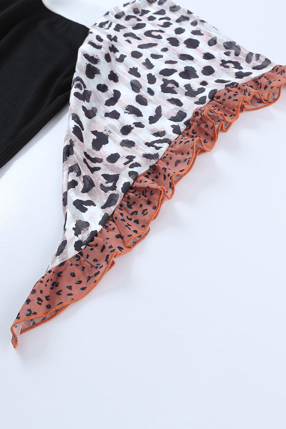 Black Rib Knit Animal Print Ruffle Sleeves Plus Size Top - Nxt Moda