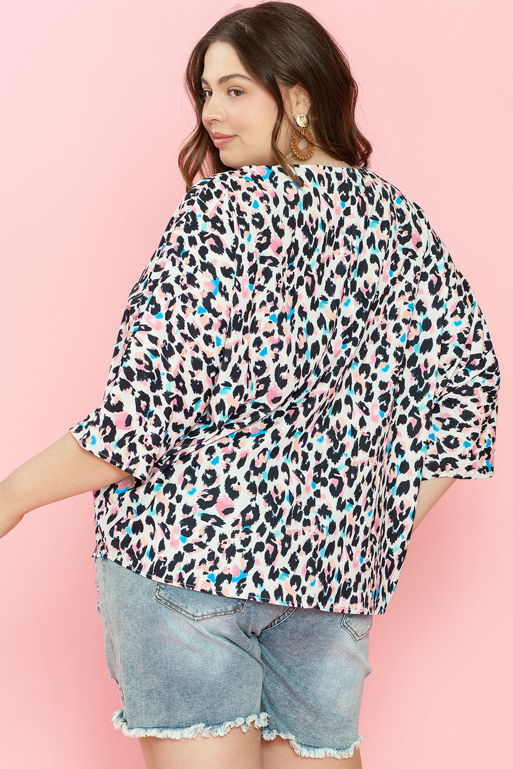 Brown Leopard Print V Neck Plus Size Batwing Top - Nxt Moda