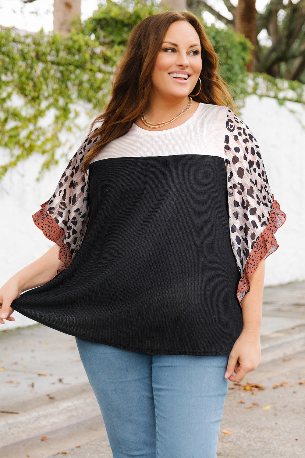 Black Rib Knit Animal Print Ruffle Sleeves Plus Size Top - Nxt Moda