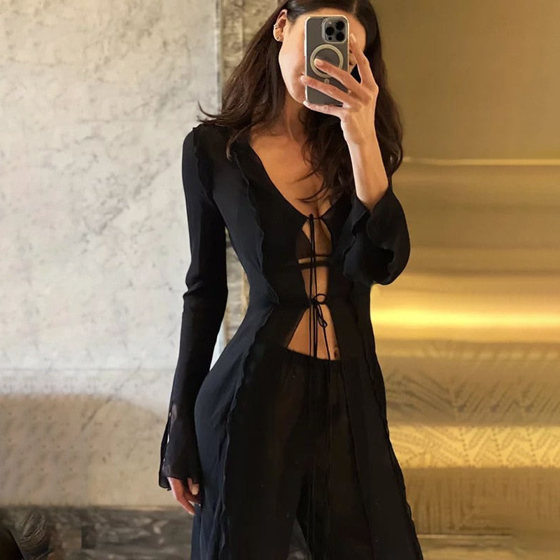 Hirigin See Through Mesh Ruffle Trim Cover Up - Nxt Moda