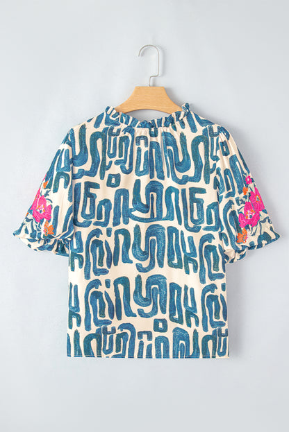 Blue Abstract Print Plus Size Floral Puff Sleeve Blouse