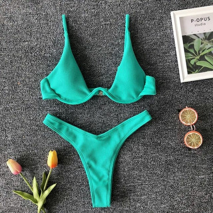 Sexy Thong Solid Color Push Up Bikini Set - Nxt Moda