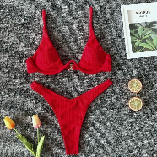 Sexy Thong Solid Color Push Up Bikini Set - Nxt Moda