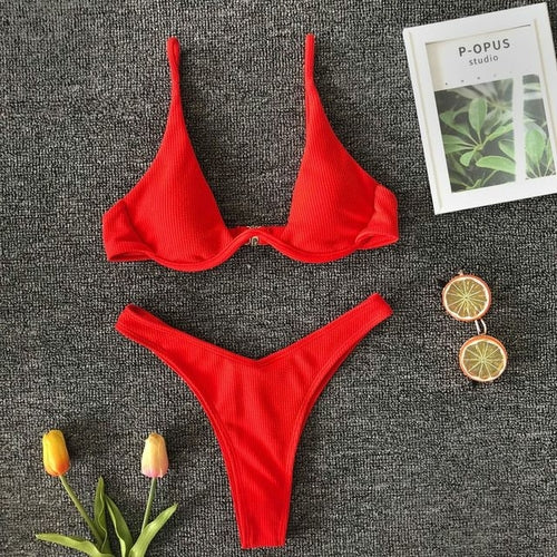 Sexy Thong Solid Color Push Up Bikini Set - Nxt Moda