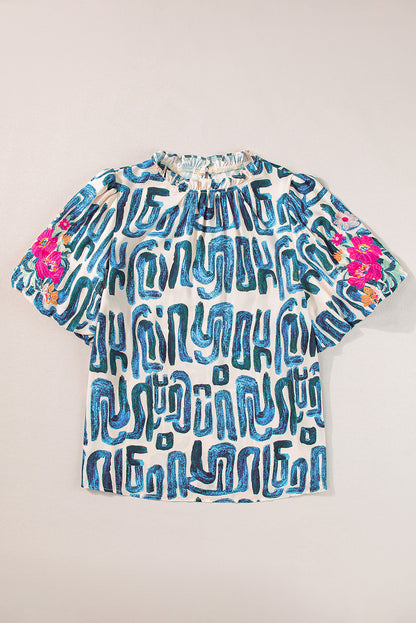 Blue Abstract Print Plus Size Floral Puff Sleeve Blouse