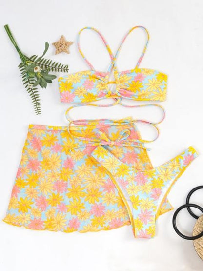 Women Floral 3 Piece Bikini Set Skirt - Nxt Moda