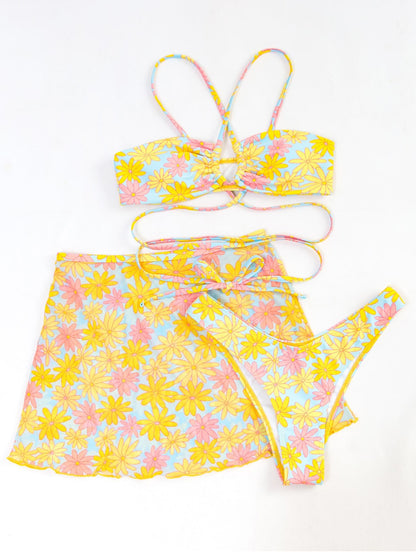 Women Floral 3 Piece Bikini Set Skirt - Nxt Moda