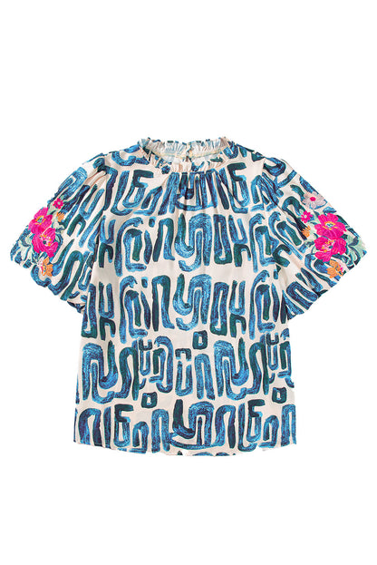 Blue Abstract Print Plus Size Floral Puff Sleeve Blouse