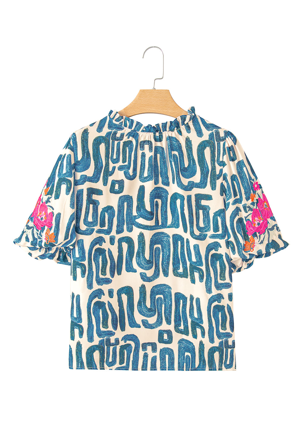 Blue Abstract Print Plus Size Floral Puff Sleeve Blouse