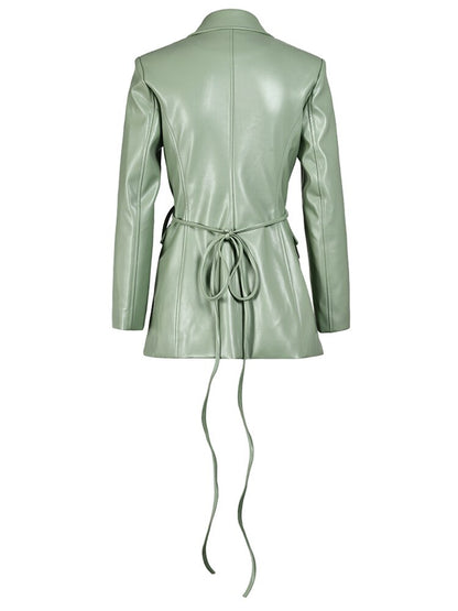 EAM Loose Fit Green Pu Leather Irregular Jacket - Nxt Moda