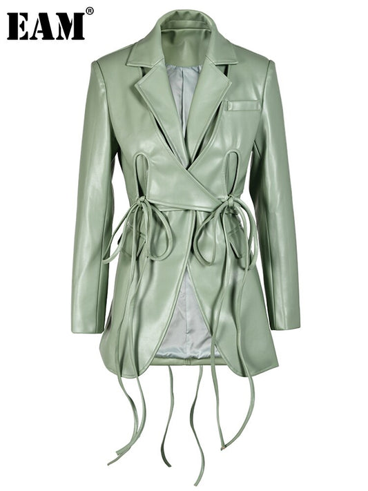 EAM Loose Fit Green Pu Leather Irregular Jacket - Nxt Moda