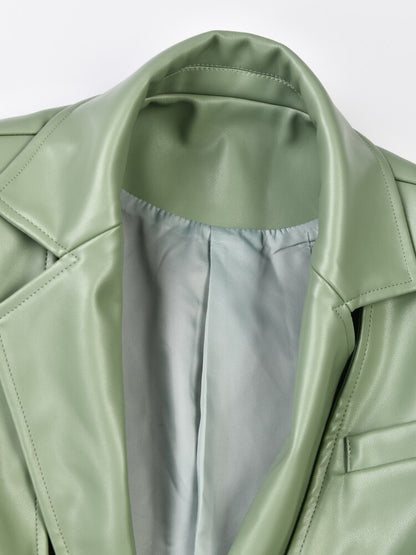 EAM Loose Fit Green Pu Leather Irregular Jacket - Nxt Moda