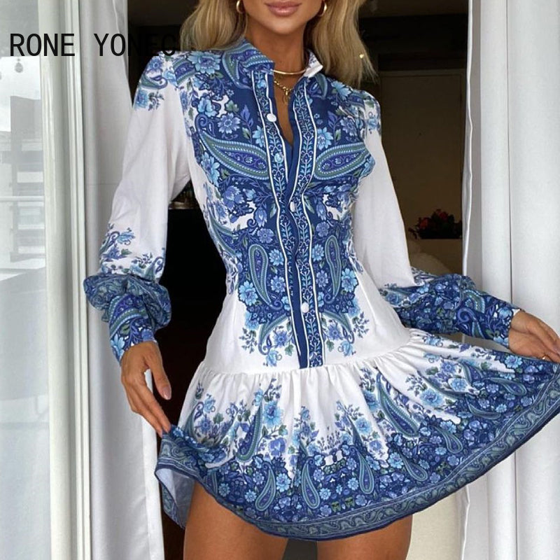 Women's Casual All-Over Print Button Pleated Mini Shirt Dress