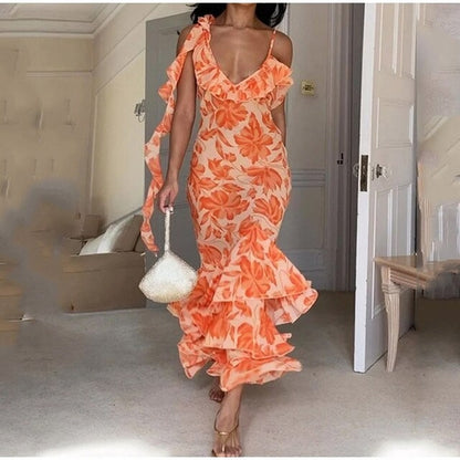 Mingmingxi Women Sexy Printing Ruffle Midi Dress Vintage Sleeveless - Nxt Moda