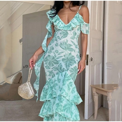Mingmingxi Women Sexy Printing Ruffle Midi Dress Vintage Sleeveless - Nxt Moda